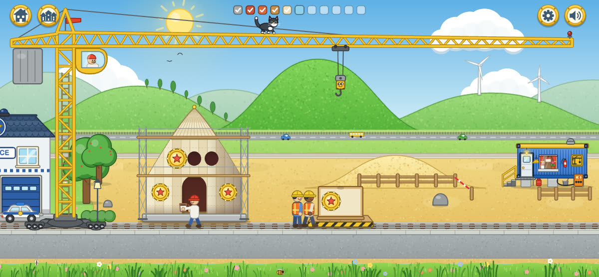 The building site: the yellow tower crane builds a brick house, with builders and a pile of sand.