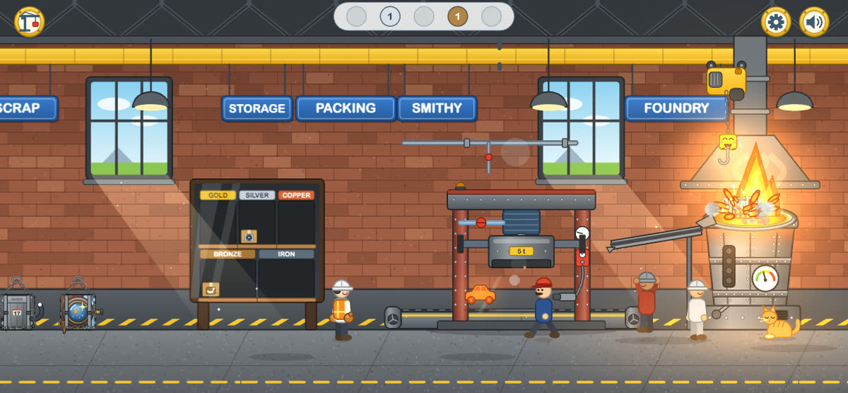 The foundry with a glowing furnace, workers and a press.