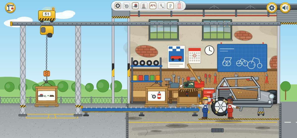 The workshop: a vehicle frame is being assembled, with tools and a blueprint on the wall.