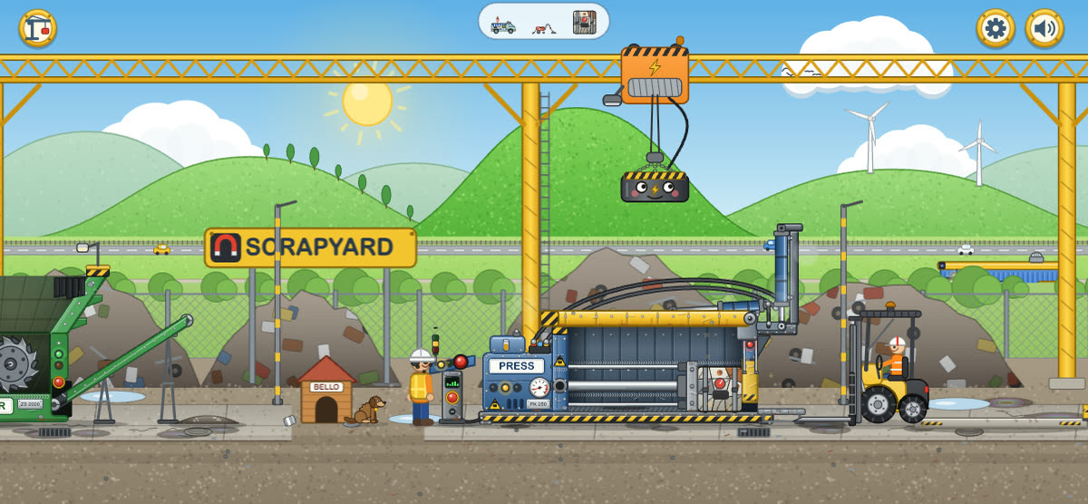 The scrapyard with a magnet crane, piles of scrap and a green shredder.