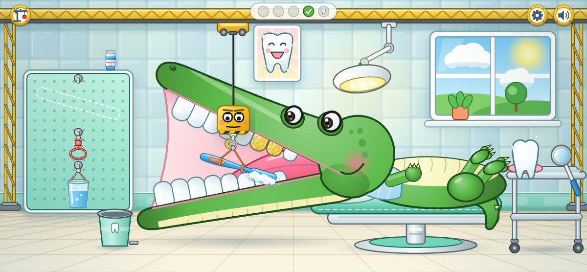 Kurt the crocodile lies in the dentist chair while Haki brushes his teeth.